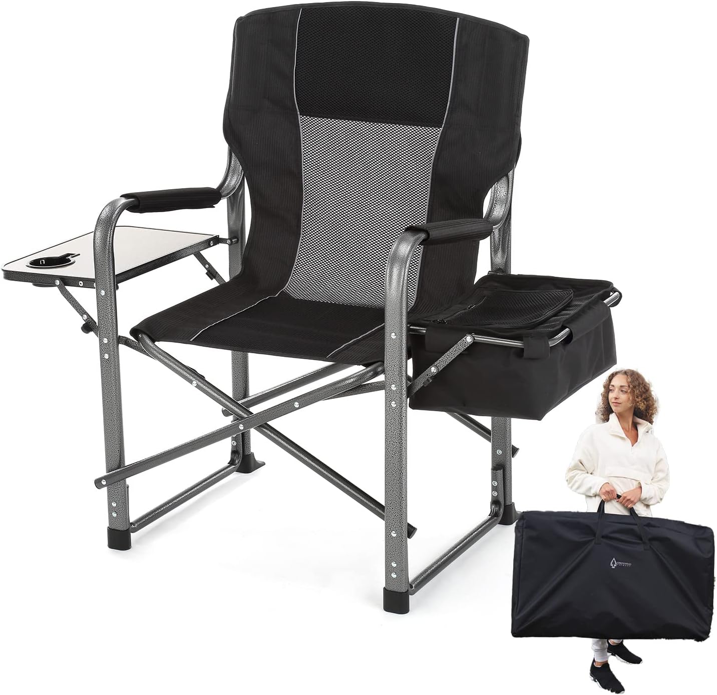 Folding Director’s Chair w/Side Table & Integrated Cooler, Cup Holder, Storage Pouch