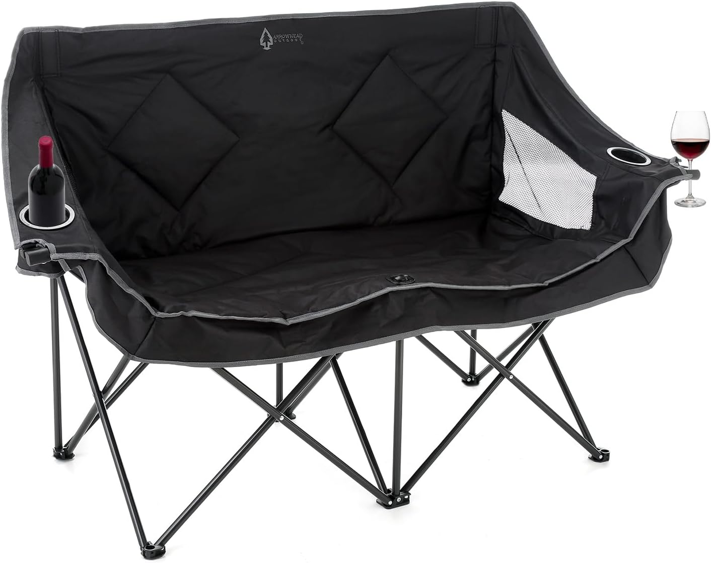 Portable Folding Double Duo Camping Chair Loveseat w/ 2 Cup & Wine Glass Holder