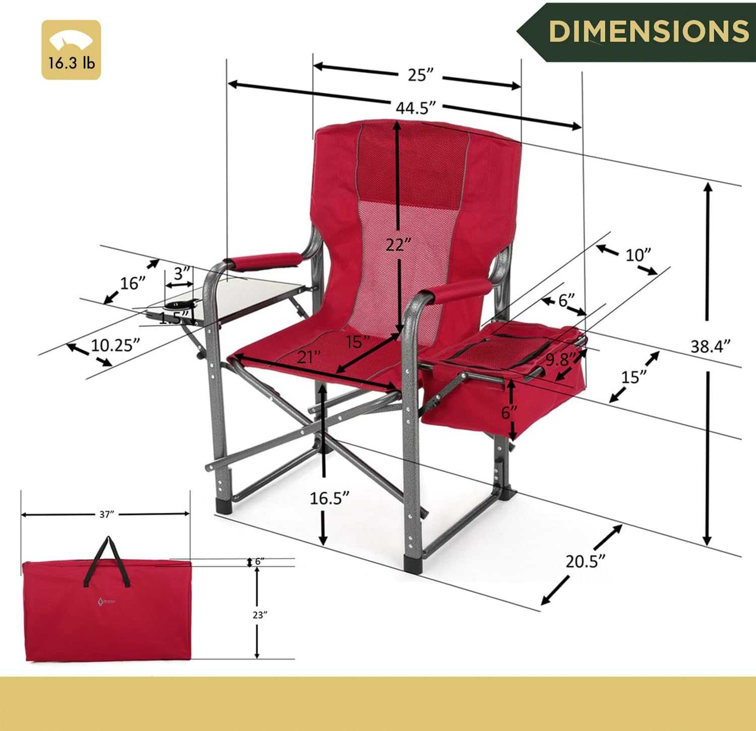 Folding Director’s Chair w/Side Table & Integrated Cooler, Cup Holder, Storage Pouch