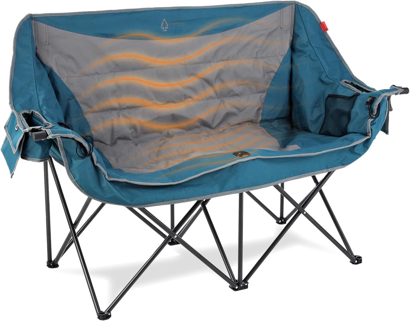 Portable Heated Folding Double Duo Camping Chair Loveseat w/ 2 Cup & Wine Glass Holder