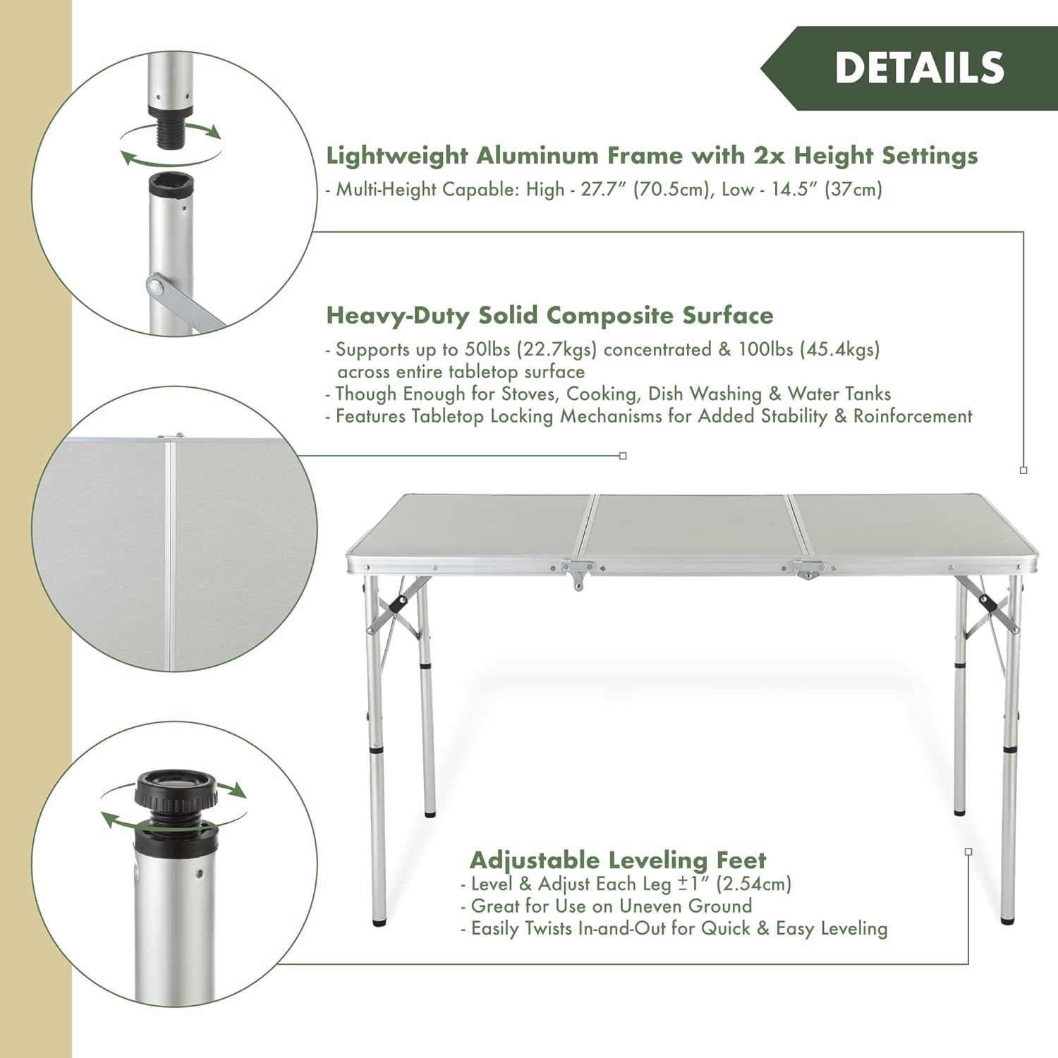 4’ ft Heavy-Duty Portable Aluminum Frame Folding Table w/Leveling Feet