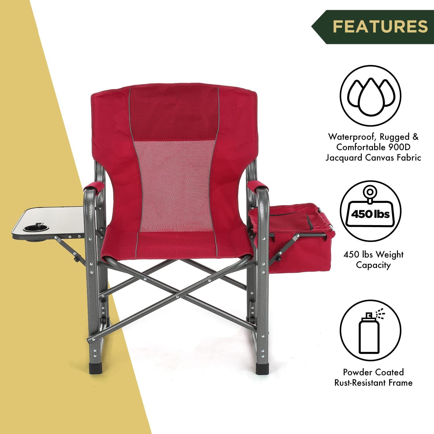 Folding Director’s Chair w/Side Table & Integrated Cooler, Cup Holder, Storage Pouch