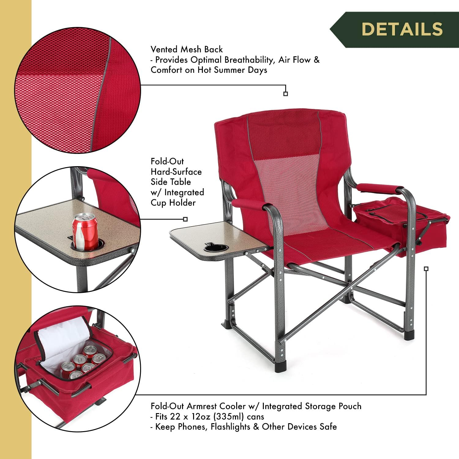 Folding Director’s Chair w/Side Table & Integrated Cooler, Cup Holder, Storage Pouch