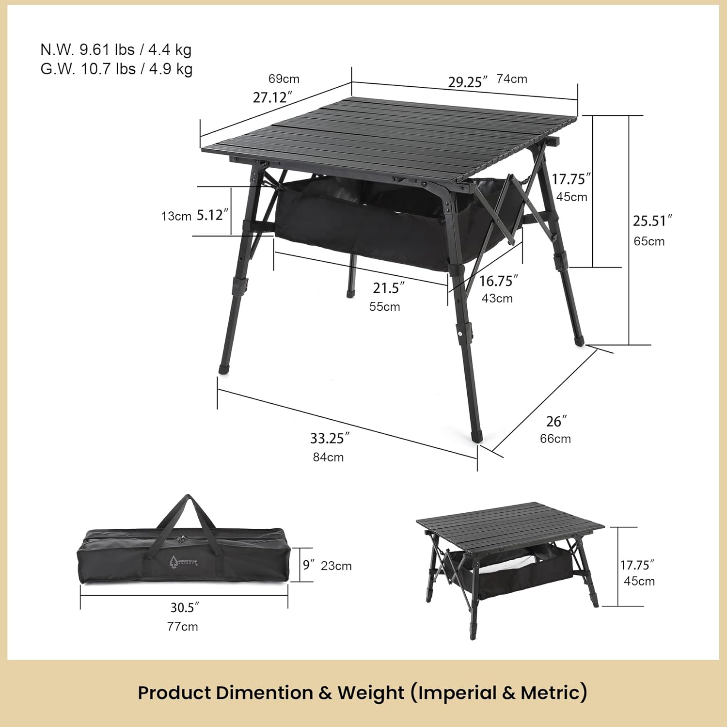 Adjustable Height Aluminum Roll-Up Folding Camp Table