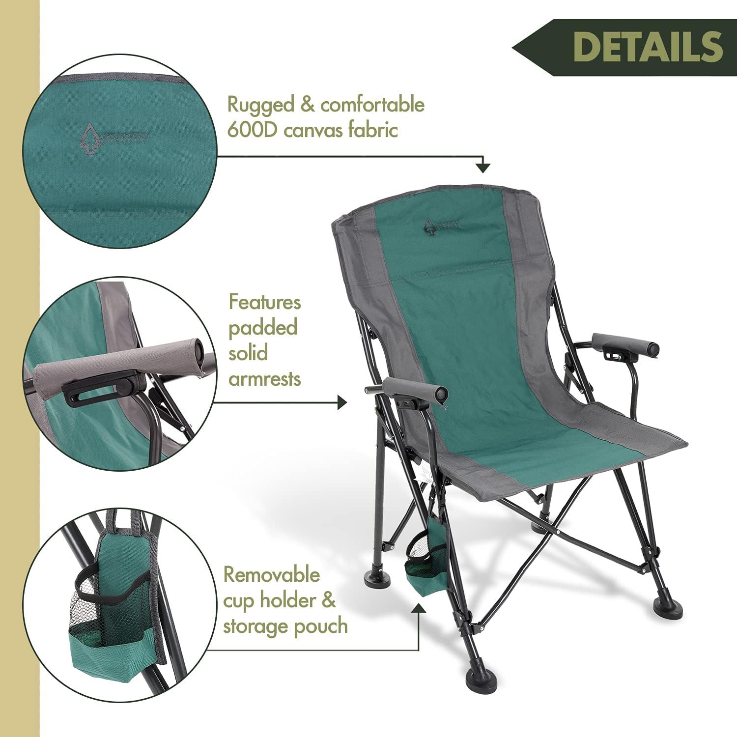 Heavy-Duty Solid Hard-Arm High-Back Folding Camping Quad Chair