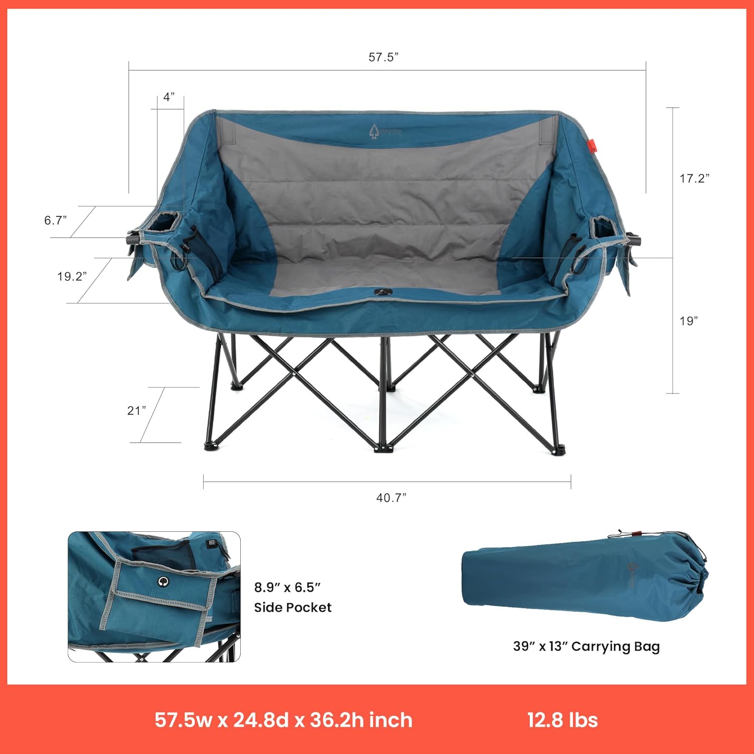 Portable Heated Folding Double Duo Camping Chair Loveseat w/ 2 Cup & Wine Glass Holder