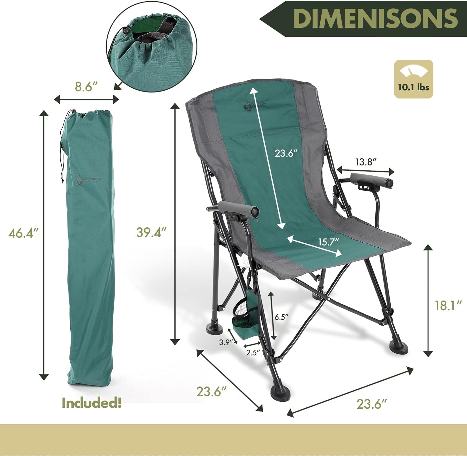 Heavy-Duty Solid Hard-Arm High-Back Folding Camping Quad Chair