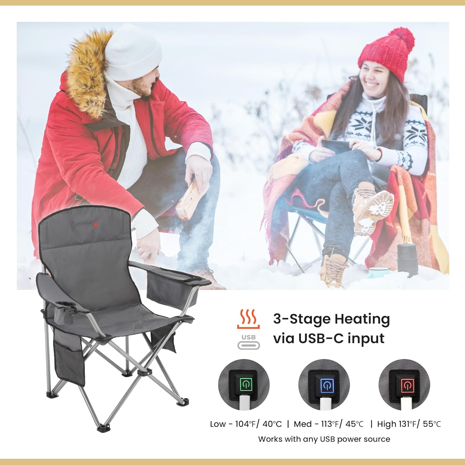 Portable Heated Folding Camping Chair w/ 6-Can Cooler, 3 Heat Settings