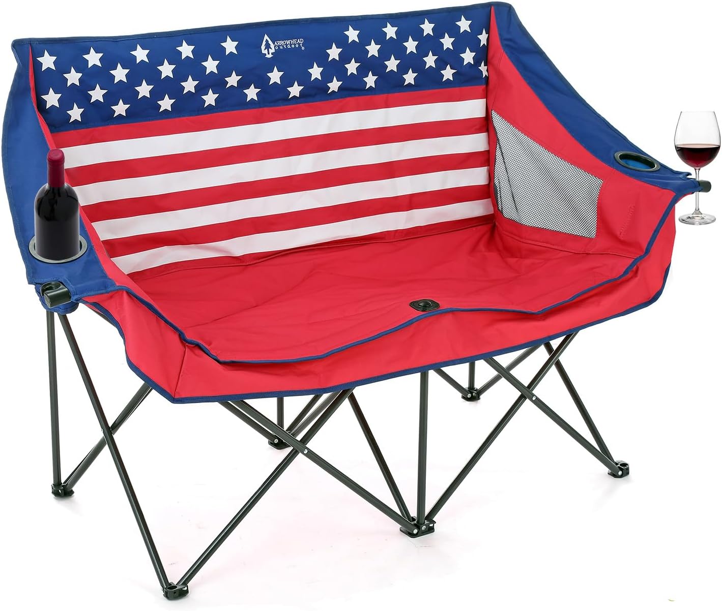 Portable Folding Double Duo Camping Chair Loveseat w/ 2 Cup & Wine Glass Holder