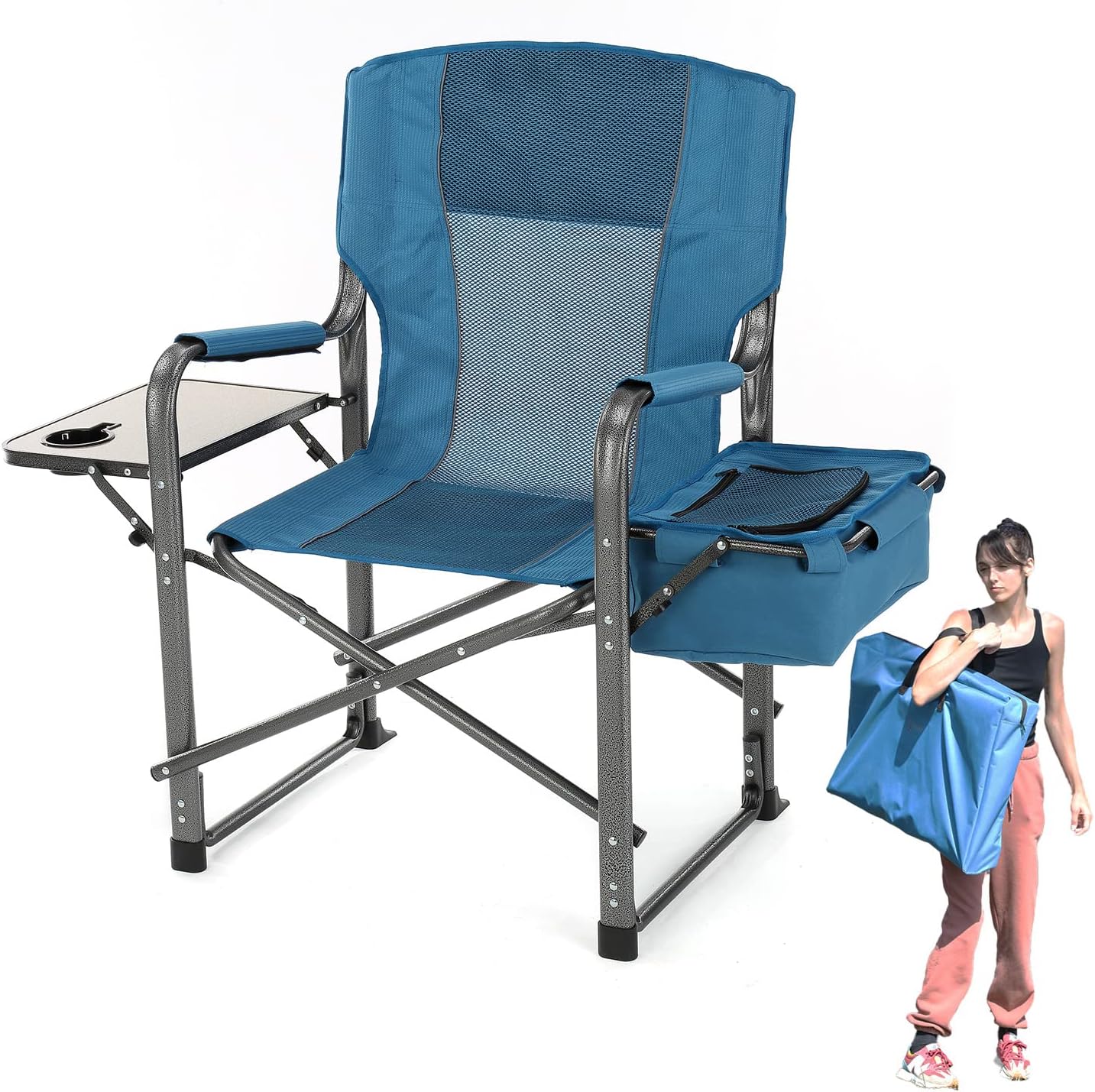 Folding Director’s Chair w/Side Table & Integrated Cooler, Cup Holder, Storage Pouch