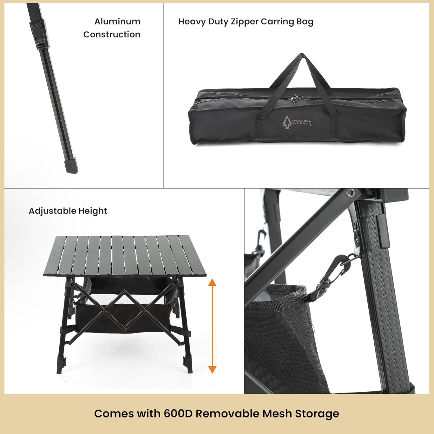 Adjustable Height Aluminum Roll-Up Folding Camp Table