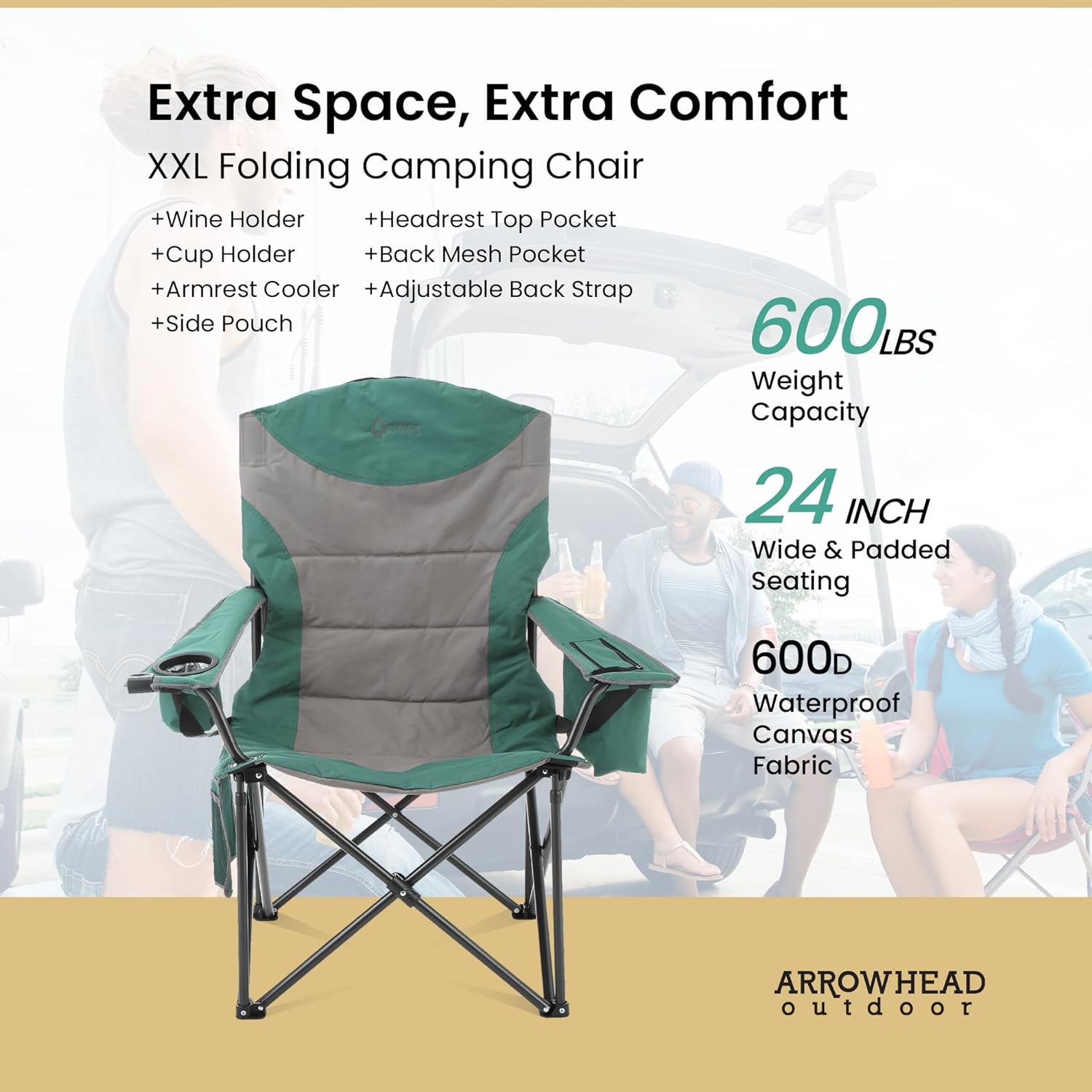 XXL Folding Padded Camping Chair w/Cup & Wine Holder