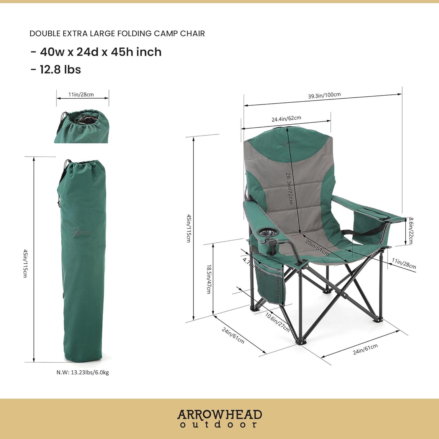 XXL Folding Padded Camping Chair w/Cup & Wine Holder