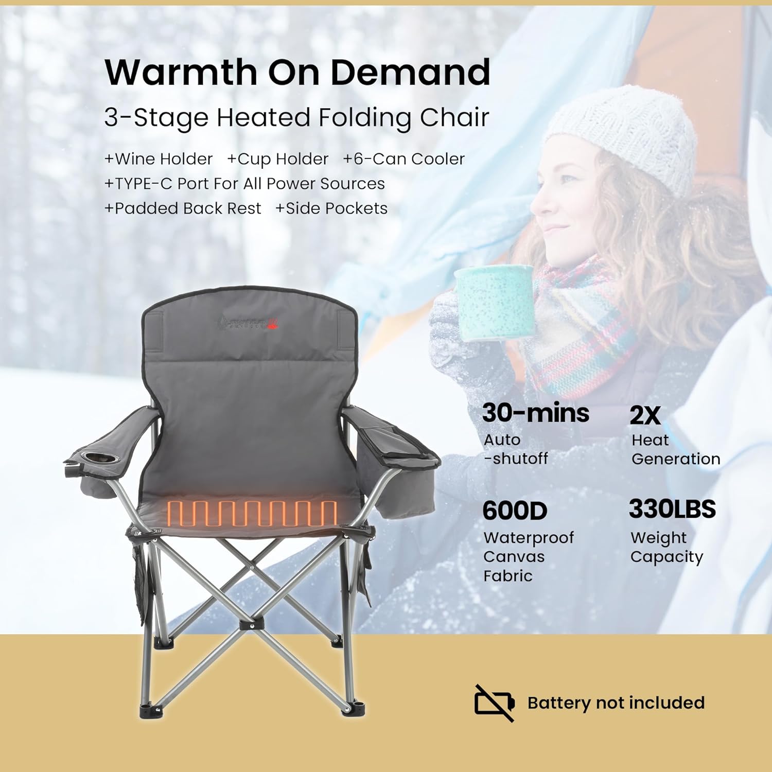 Portable Heated Folding Camping Chair w/ 6-Can Cooler, 3 Heat Settings