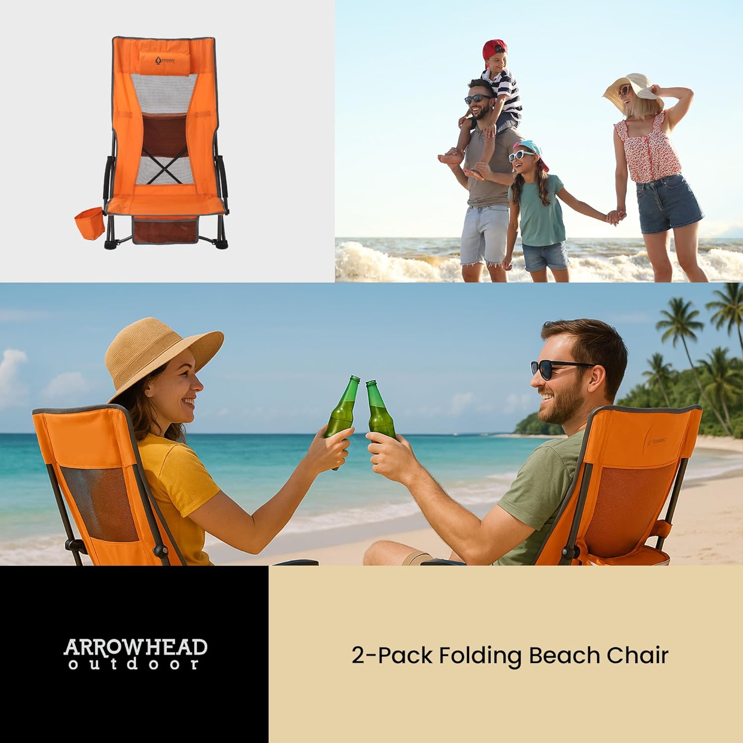 Low Seating 20° Reclining Folding Beach Chair, 2-Pack