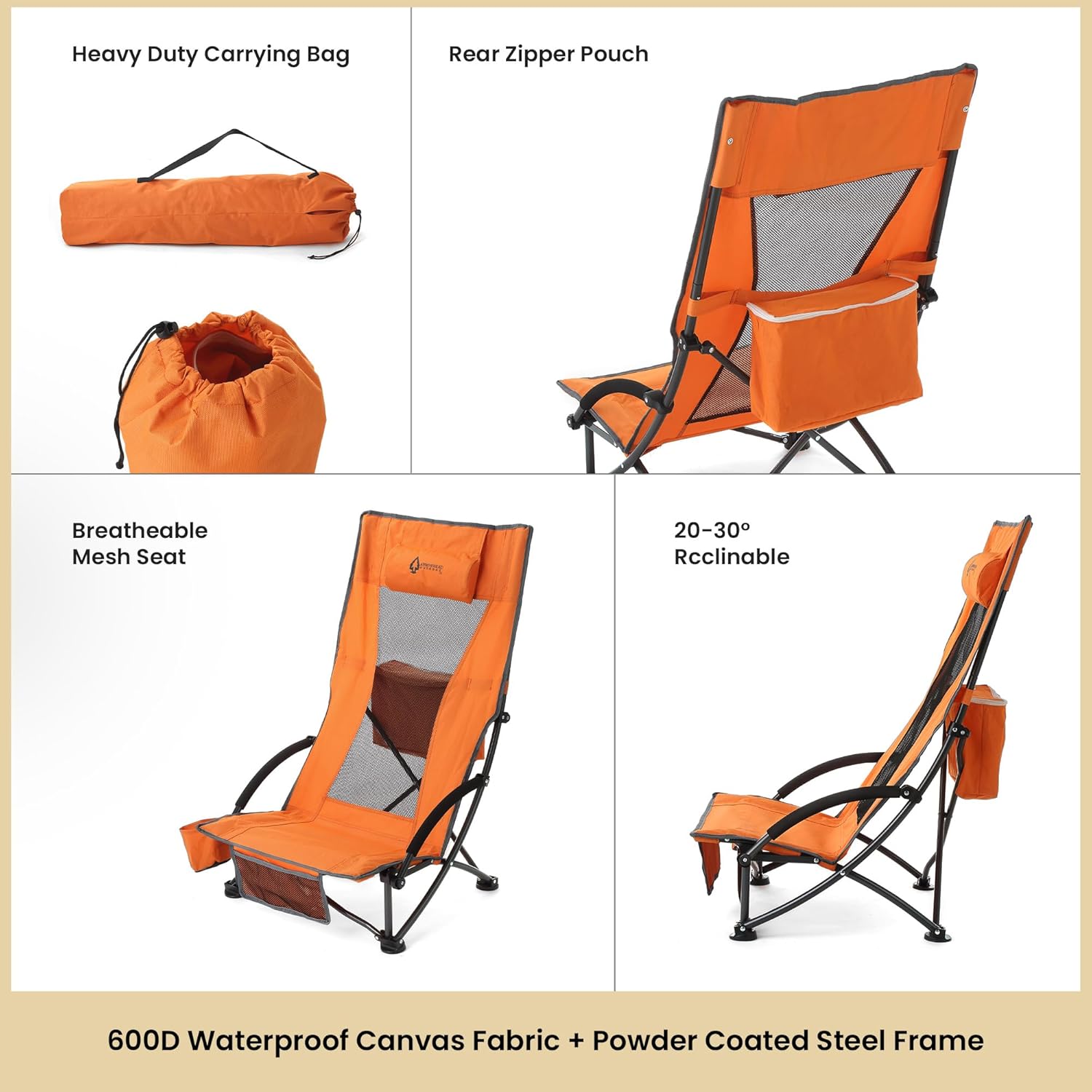 Low Seating + 20° Reclining Folding Beach Chair, 2-Pack