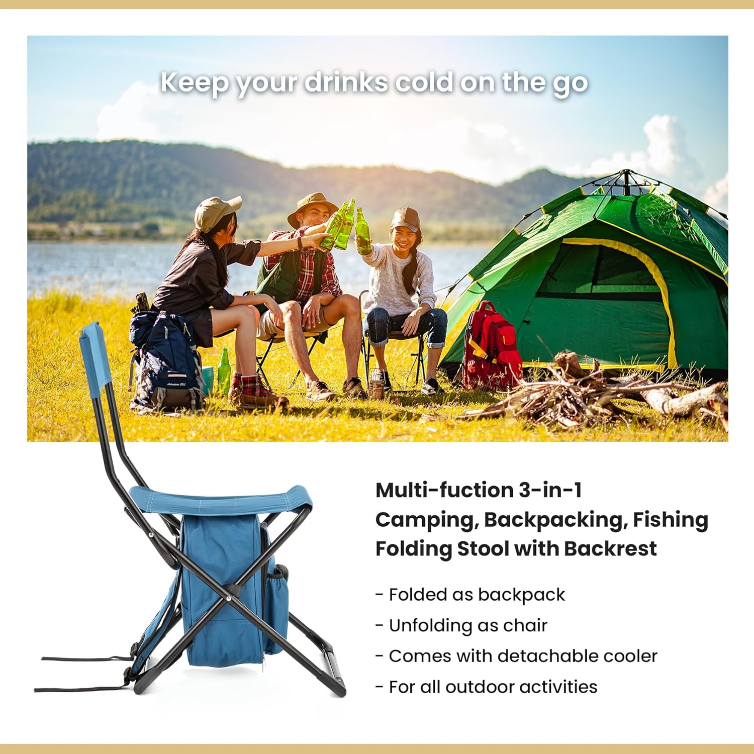 Portable Foldable Camping Chair with Cooler Bag, Lightweight Backrest Stool  Compact Folding Chair Seat, Outdoor Backrest Stool with Folding Backpack