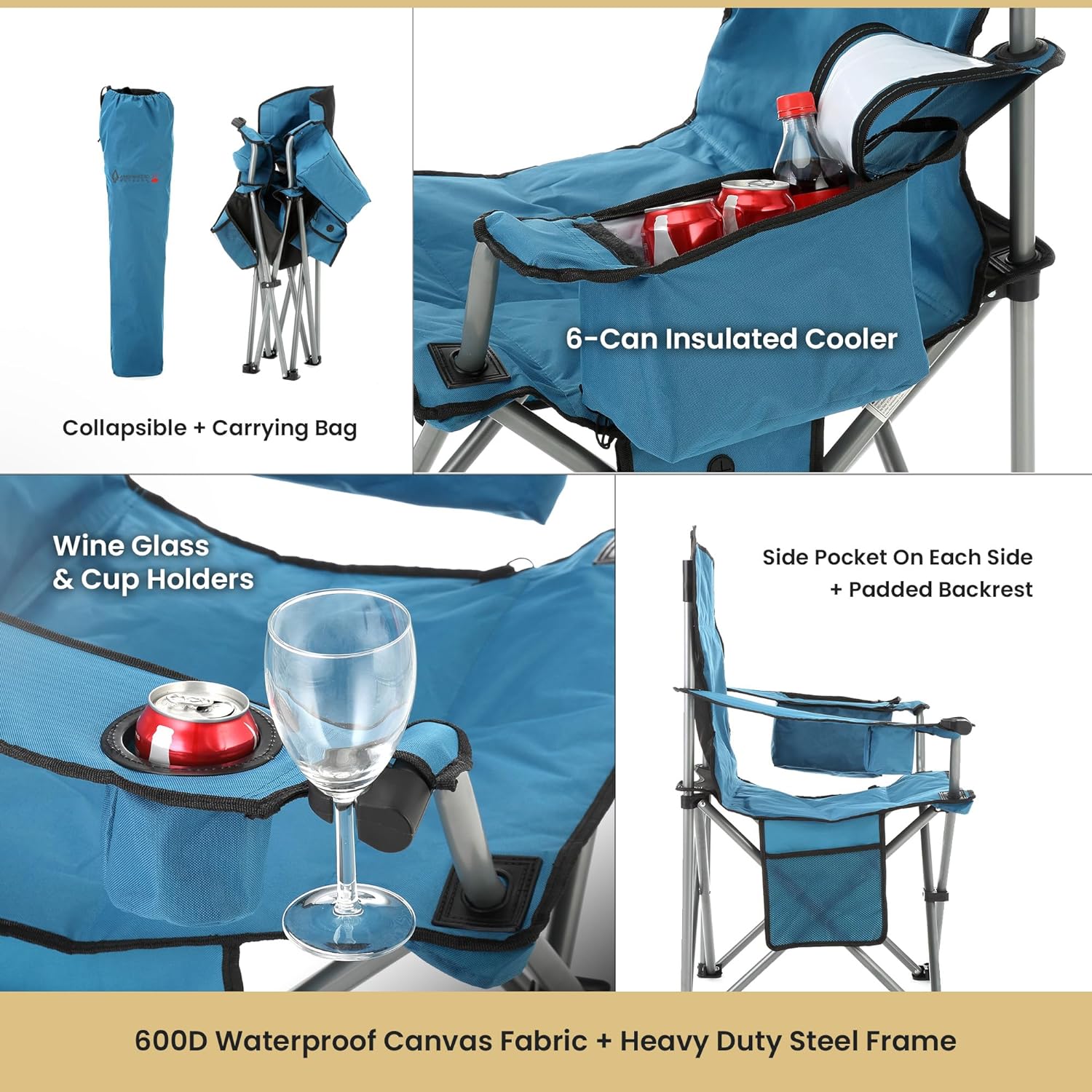 Portable Heated Folding Camping Chair w/ 6-Can Cooler, 3 Heat Settings