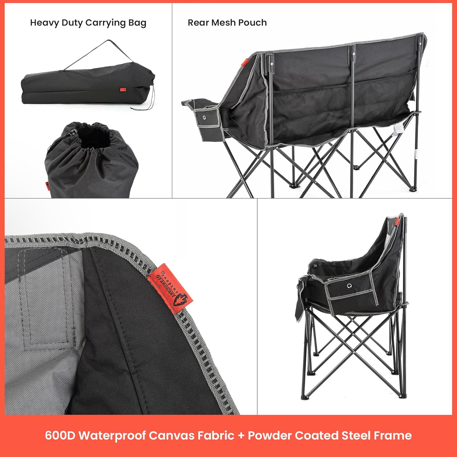 Portable Heated Folding Double Duo Camping Chair Loveseat w/ 2 Cup & Wine Glass Holder