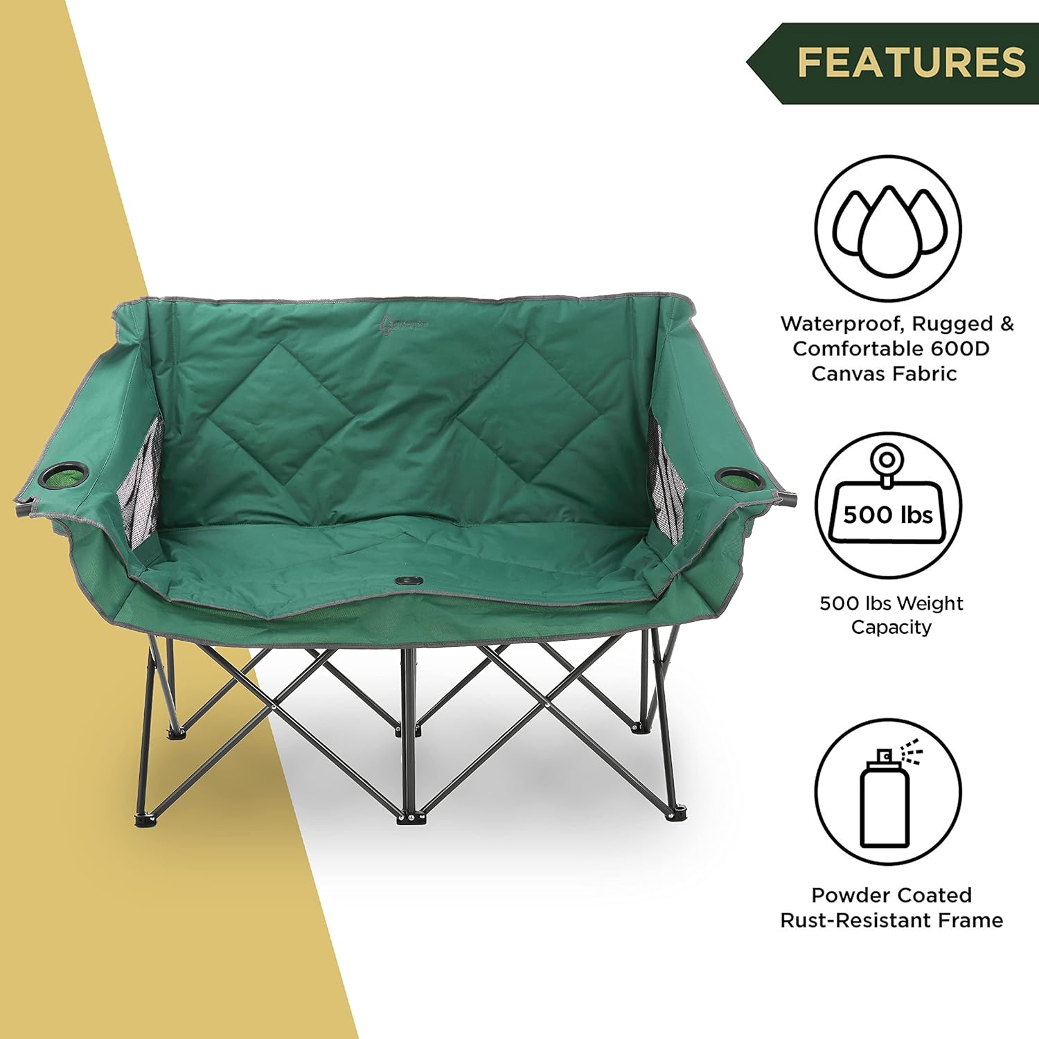 Portable Folding Double Duo Camping Chair Loveseat w/ 2 Cup & Wine Glass Holder