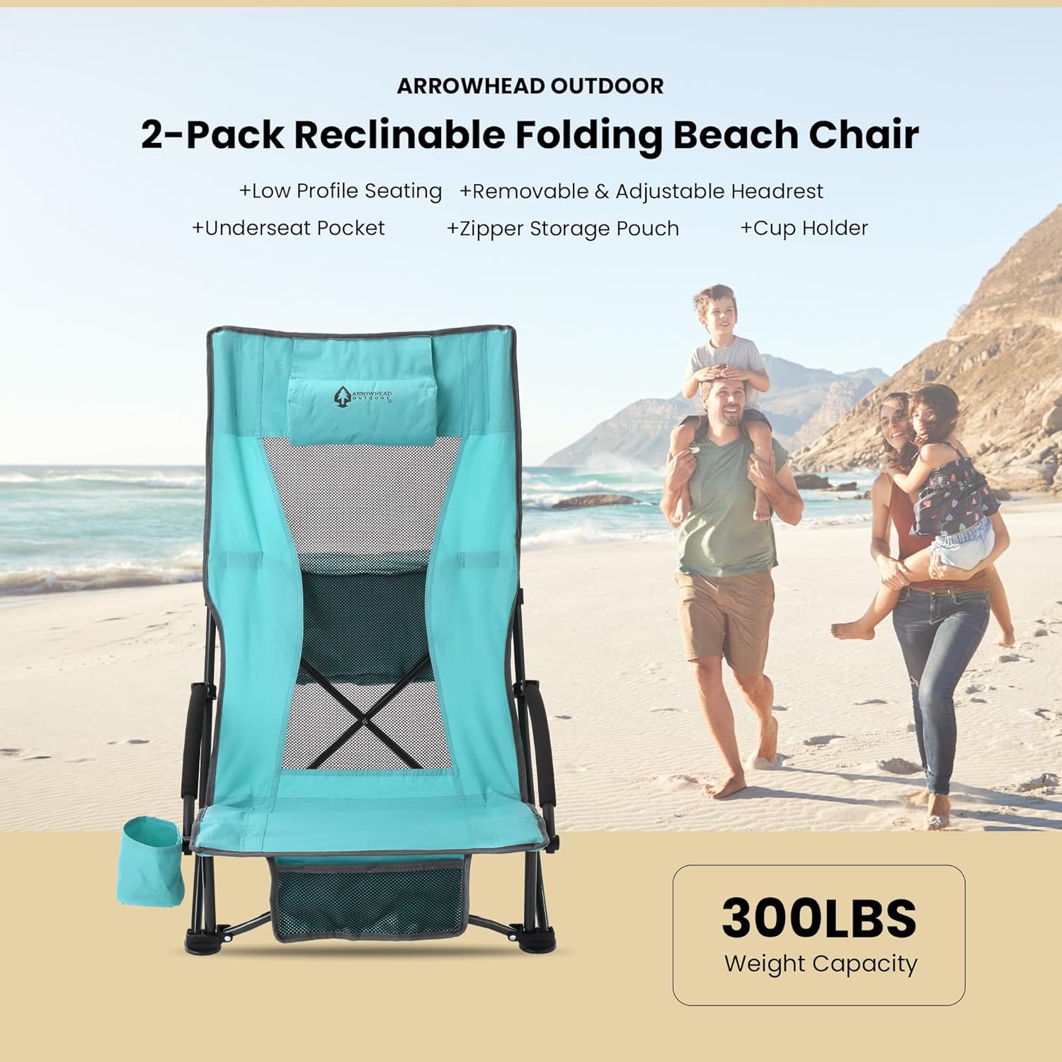 Low Seating + 20° Reclining Folding Beach Chair, 2-Pack