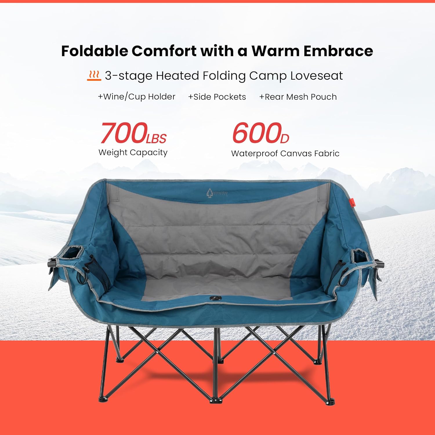 Portable Heated Folding Double Duo Camping Chair Loveseat w/ 2 Cup & Wine Glass Holder