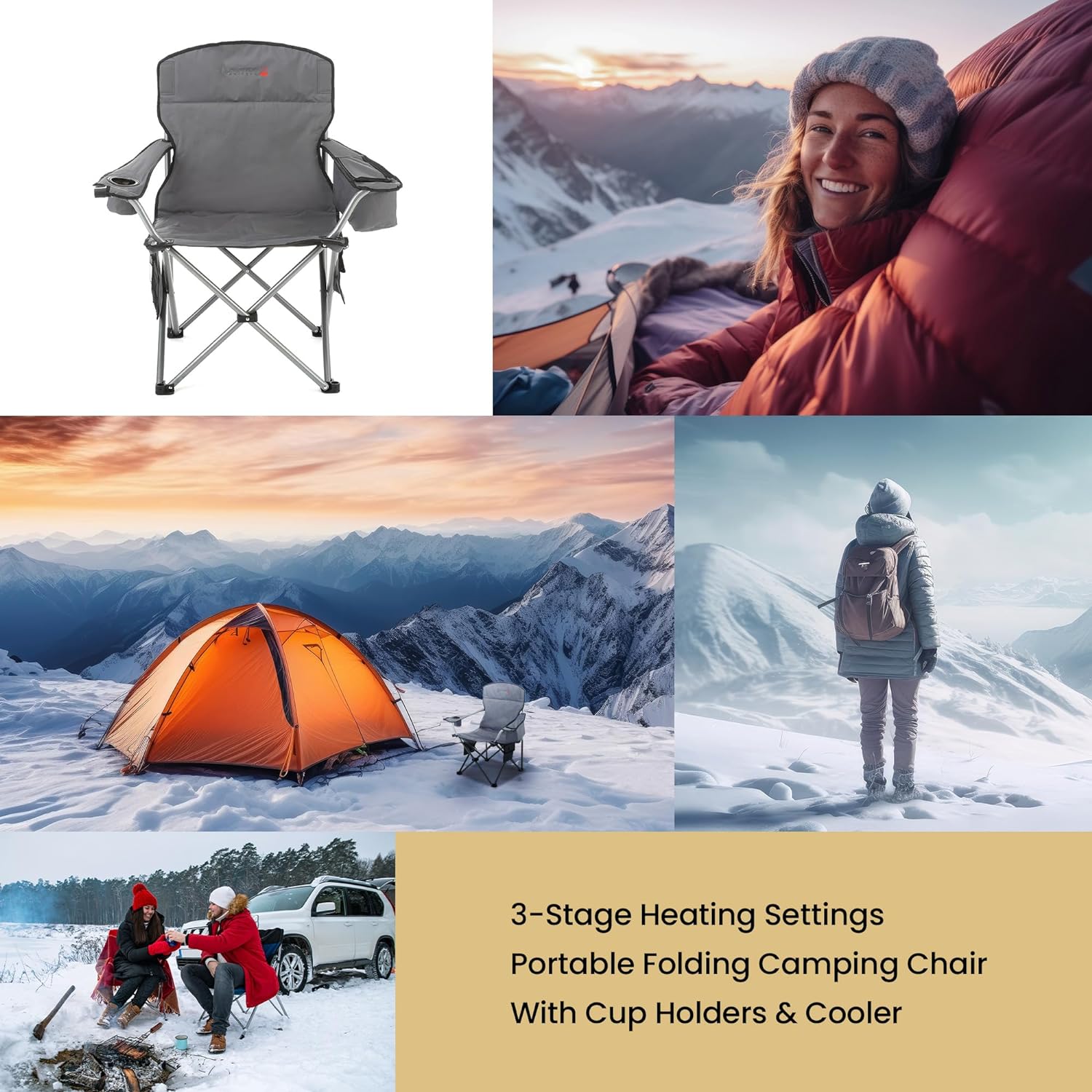 Portable Heated Folding Camping Chair w/ 6-Can Cooler, 3 Heat Settings