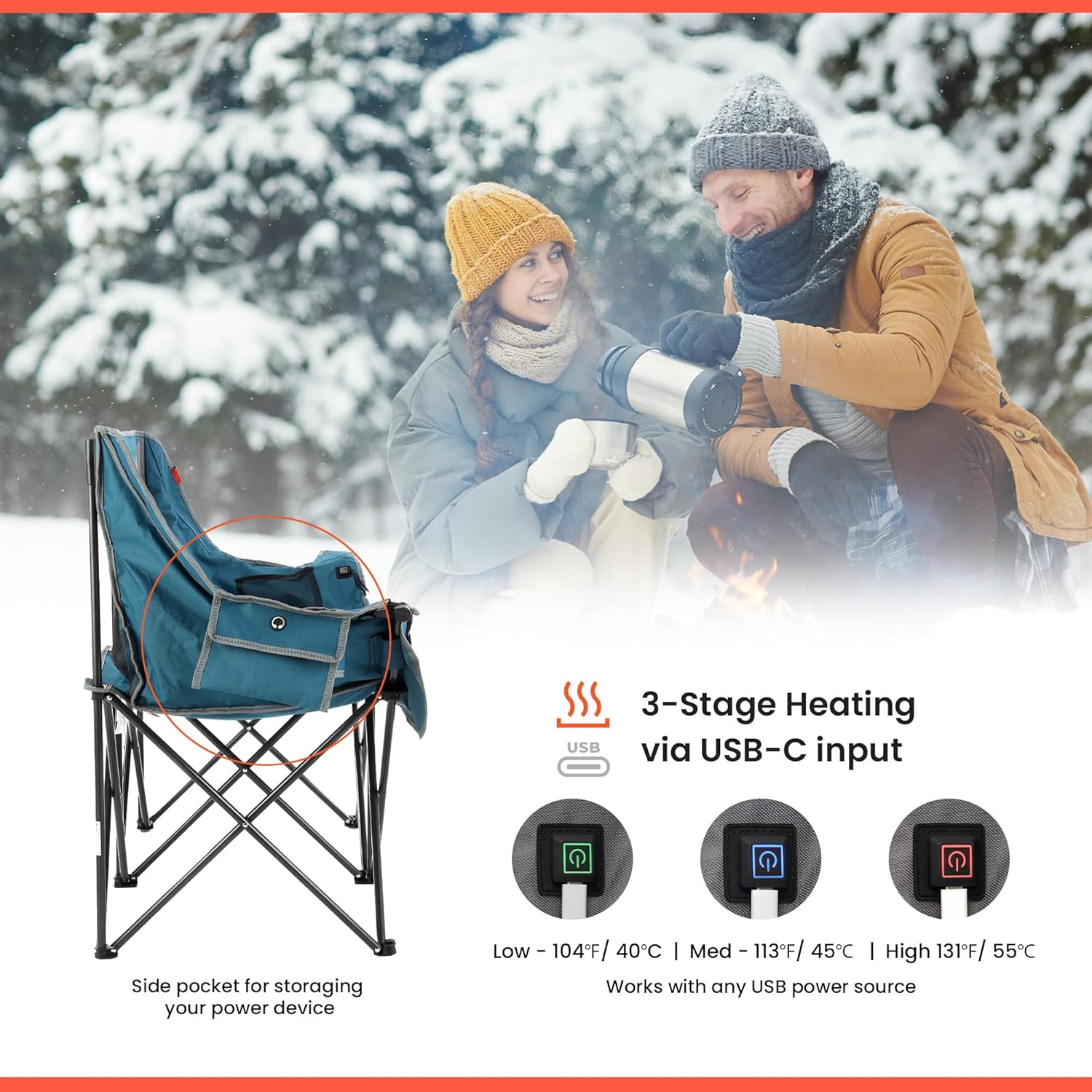 Portable Heated Folding Double Duo Camping Chair Loveseat w/ 2 Cup & Wine Glass Holder