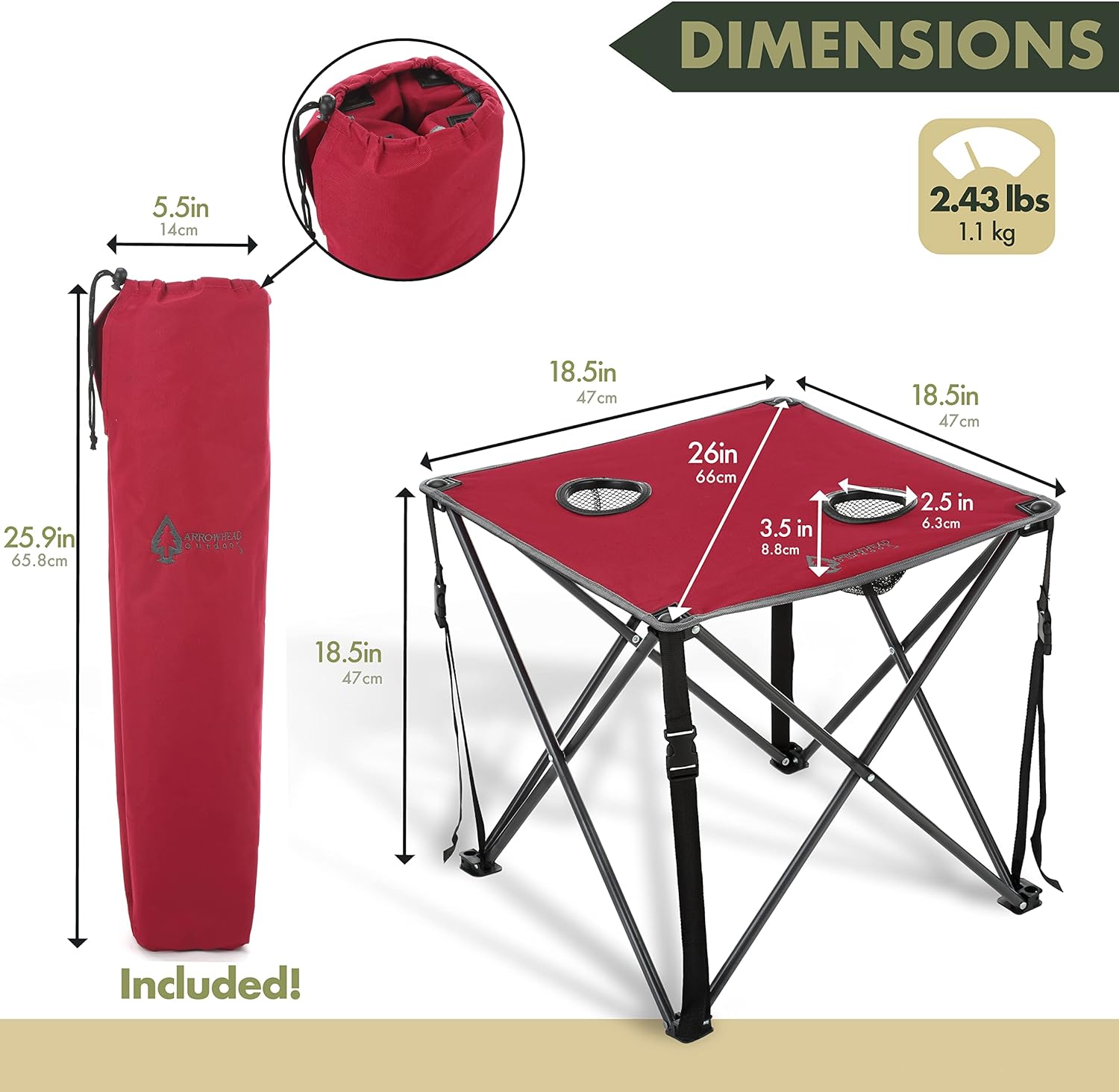 Heavy-Duty Portable Camping Folding Table, 2 Cup Holders