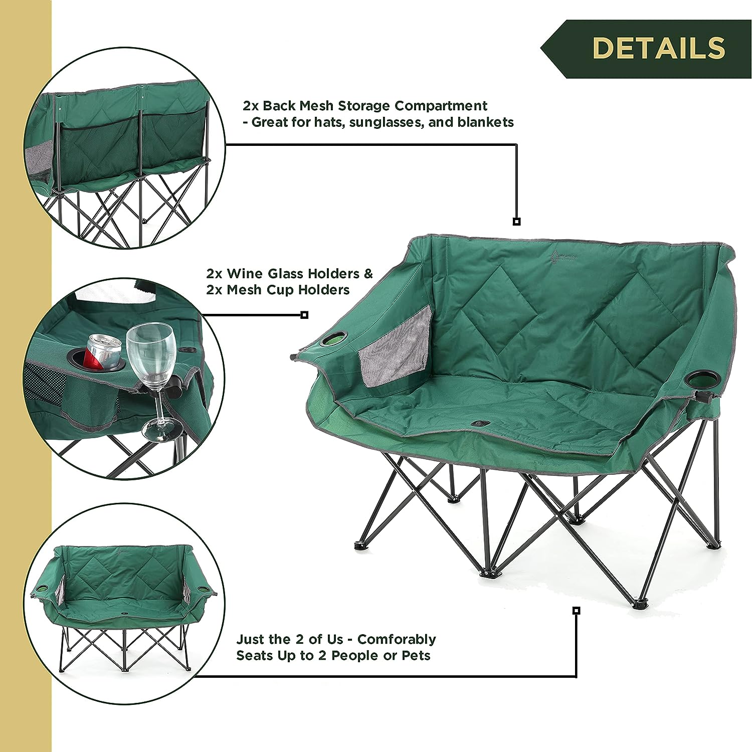 Portable Folding Double Duo Camping Chair Loveseat w/ 2 Cup & Wine Glass Holder