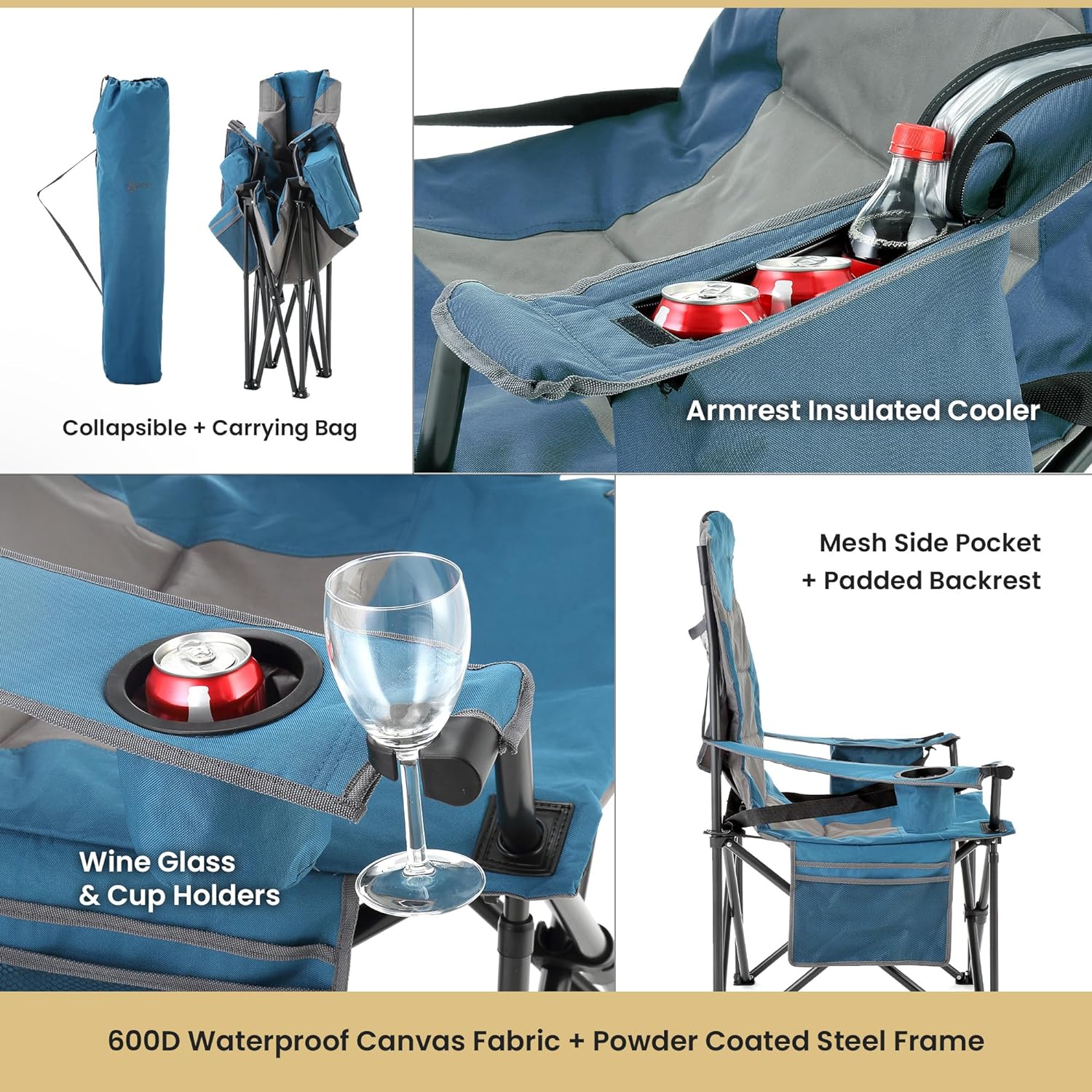 XXL Folding Padded Camping Chair w/Cup & Wine Holder