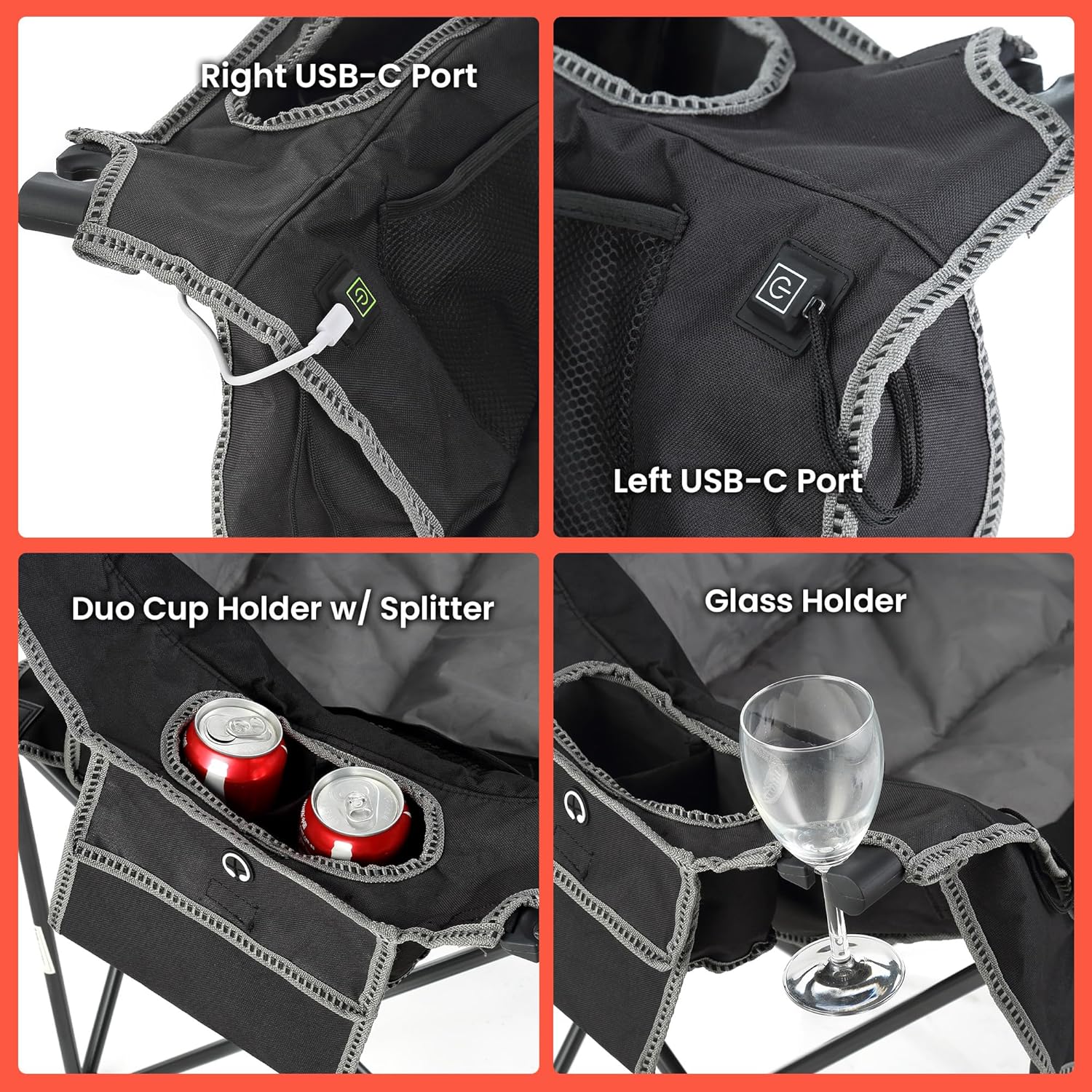 Portable Heated Folding Double Duo Camping Chair Loveseat w/ 2 Cup & Wine Glass Holder