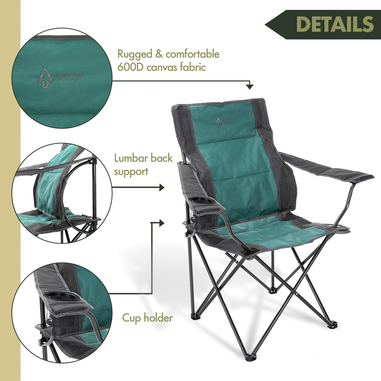 Portable Folding Camping Quad Chair w/Lumbar Back Support